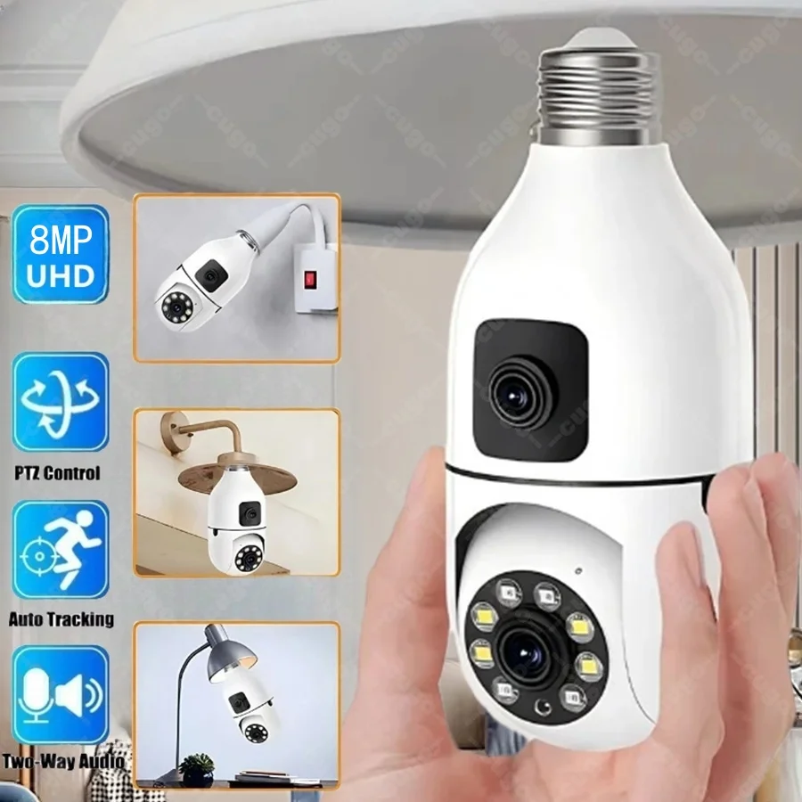 E27 Bulb Surveillance Security Camera 8MP HD Night Vision 2 Screen 2 Lens Camera Indoor Motion Detection 8X Zoom WiFi Camera 5MP