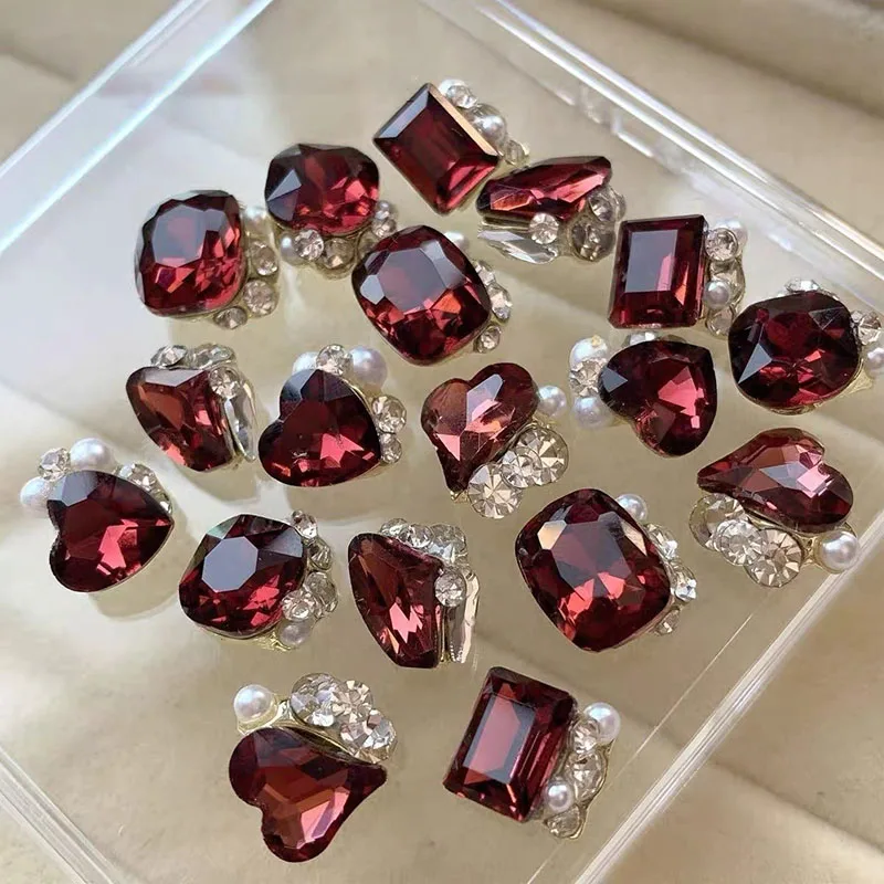 12pcs Sparkling Rose Red Rhinestones  Nail Art Drills Heart-shaped and Irregular Stackable Rhinestone Nail Art DIY Decoration