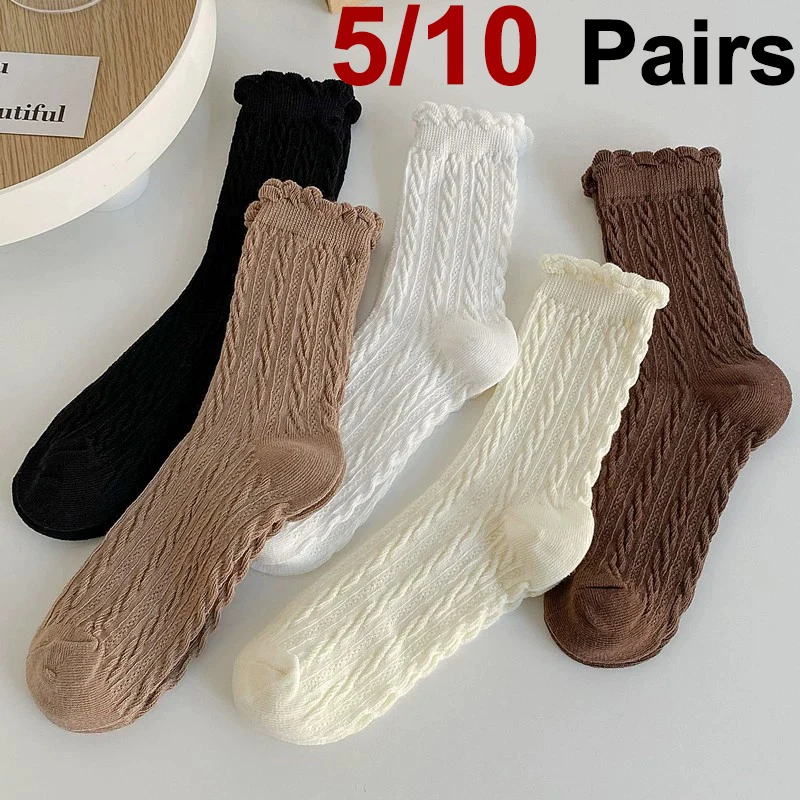 

5/10 Pairs Women Flower Edge Solid Color Knitted Socks Spring Summer Sweat Absorption Breathability Soft Comfortable Casual Sock