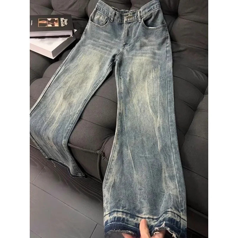 

Джинсы-клеш в стиле ретро-американский деним с эффектом потертости, прямой крой, для мужчин и женщин, облегающие, в уличном стиле