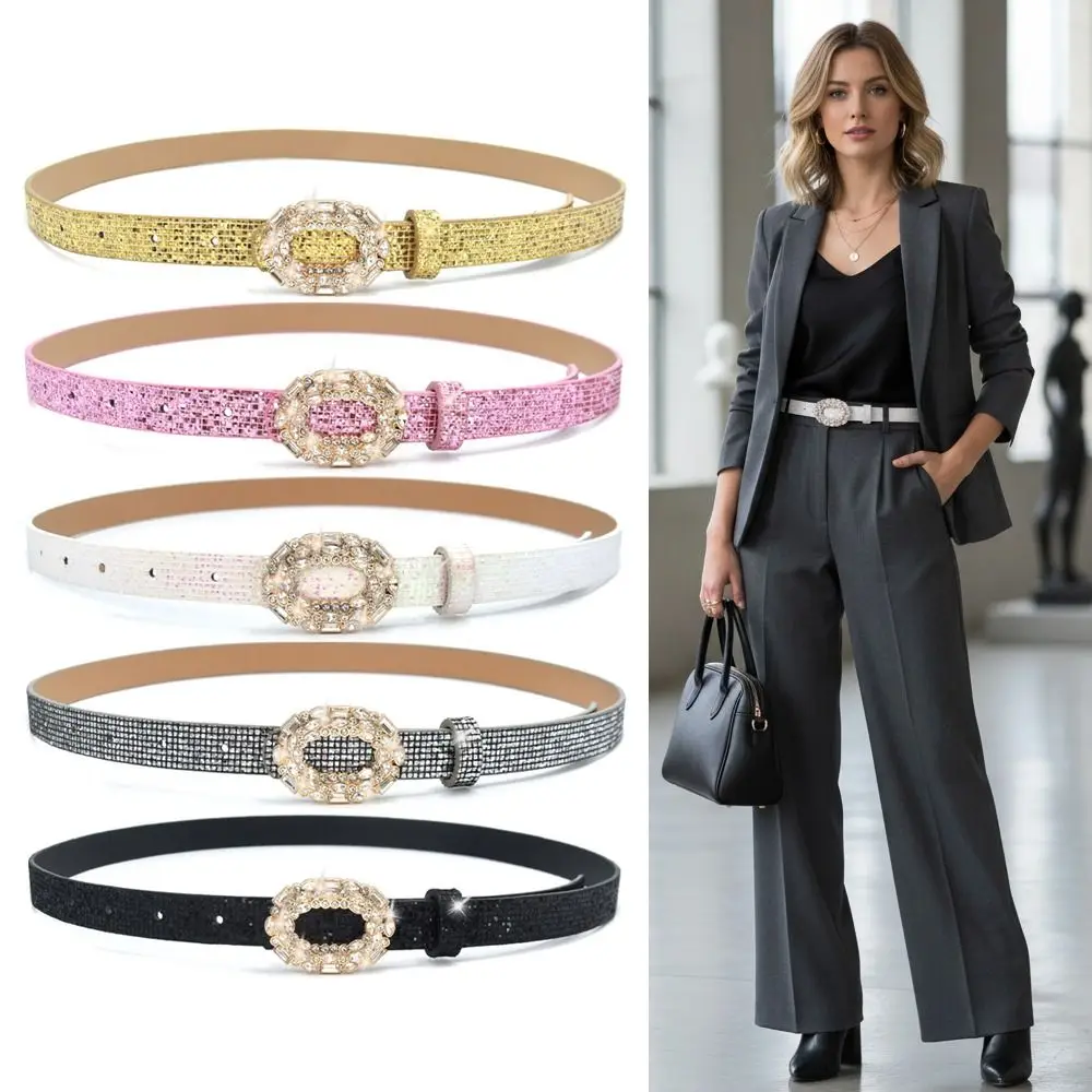 Fashion Bling Bling Sparkling Rhinestone Belt Glitter Luxury Brand Design Slide Buckle Belt Versatile Trendy Waistband Women