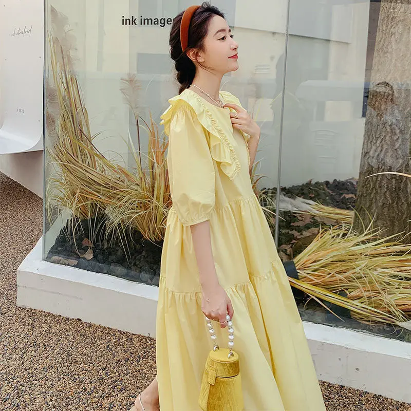 Summer Korean Pleated Solid Color O-neck Puff Sleeve Midi Dress Femme Sweet Patchwork Loose Casual Dresses Women Clothing Dress