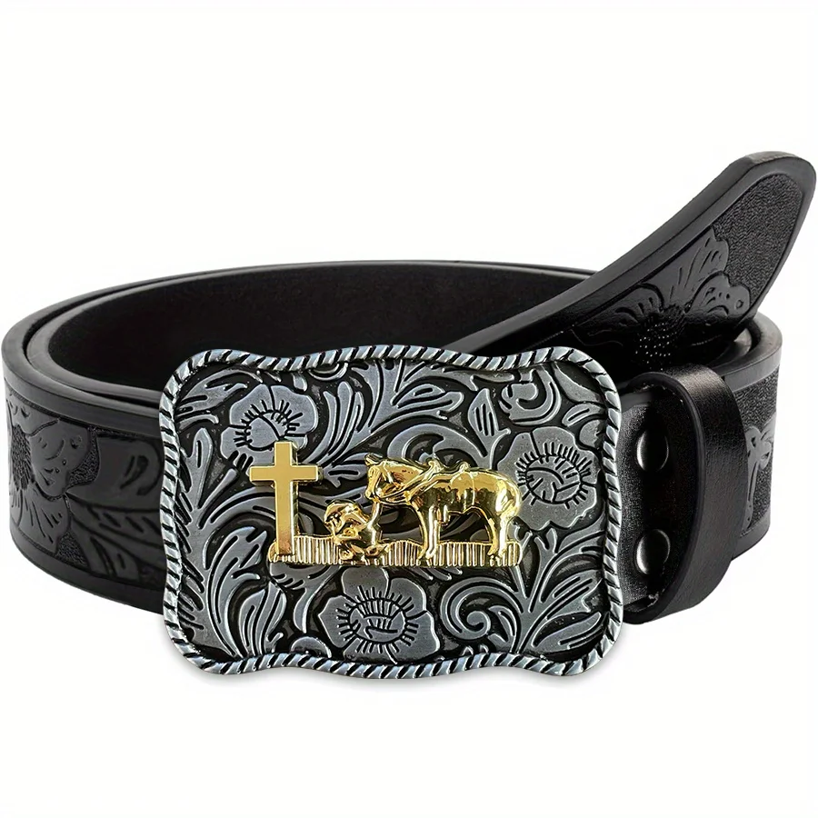 Western men's denim belt, retro belt, morning glory cross, prayer belt holding horse, buckle, hip-hop personality, retro style,