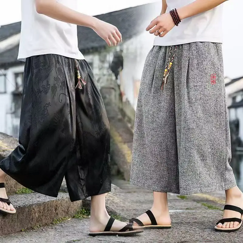 

Мужские летние тонкие широкие брюки из ледяного шелка, пляжные шорты, свободные повседневные прямые брюки, дышащие, удобные, легкие