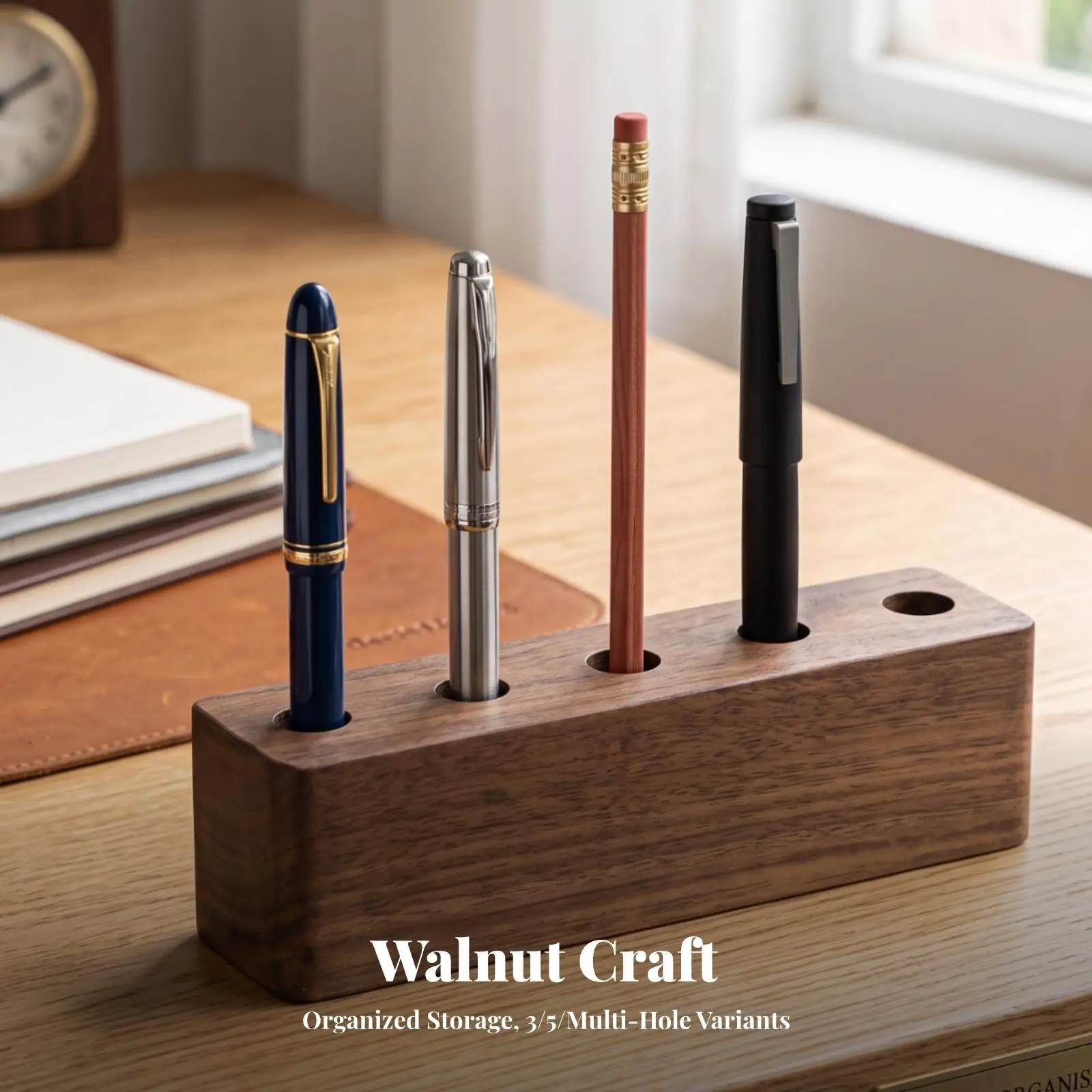 Pen Stand Walnut-Toned Wooden Pen Holder with Vertical Holes Pencil Holder Minimalist Desk Organizer Compact for Professionals