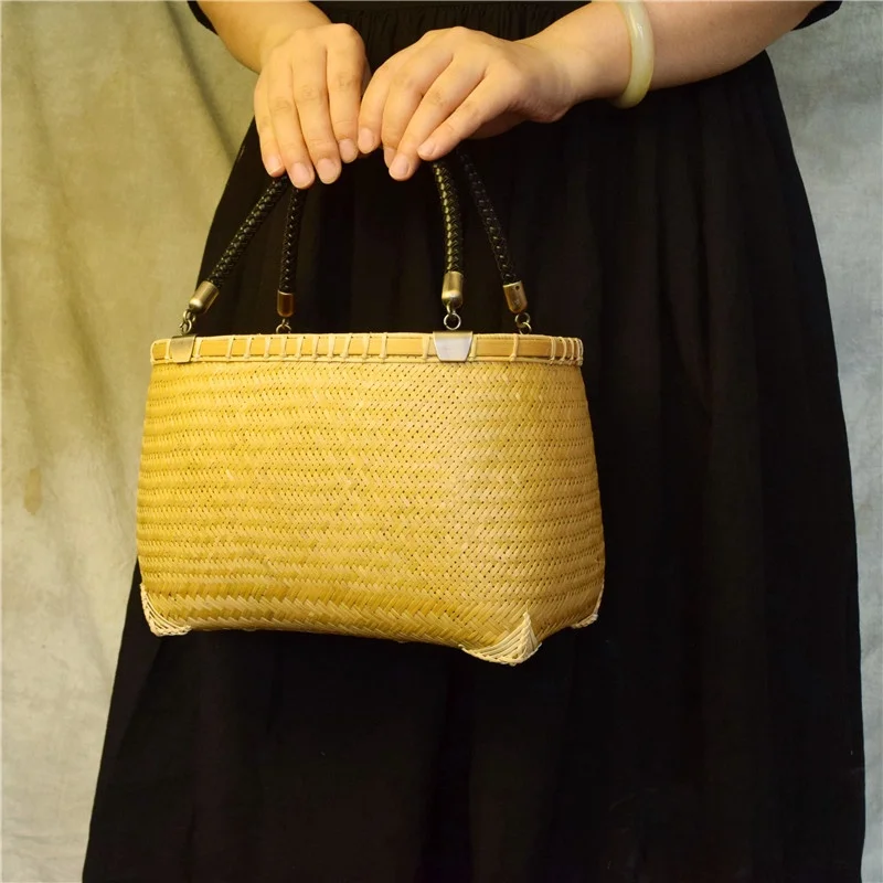 

Retro Handmade Bamboo Woven Women's Bag Tea Ceremony Clothing Accory Storage Bag Artistic Cultural Cotton Lined Handbag