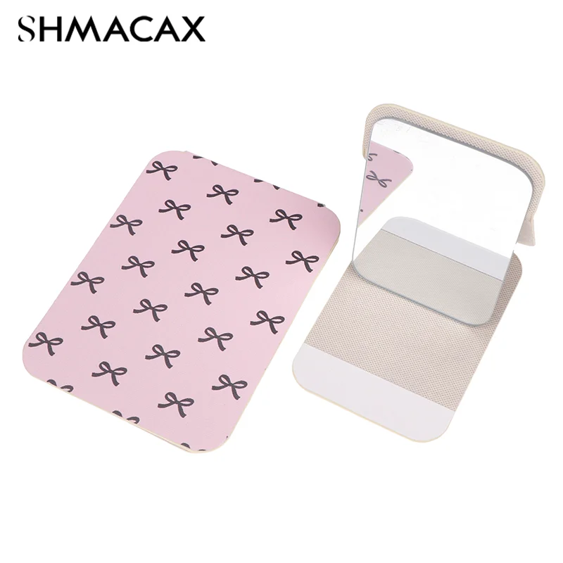 Desktop Makeup Mirror Bow PU Leather Simple Portable Handheld Makeup Mirror Foldable Student Compact Cute Pocket Mirror