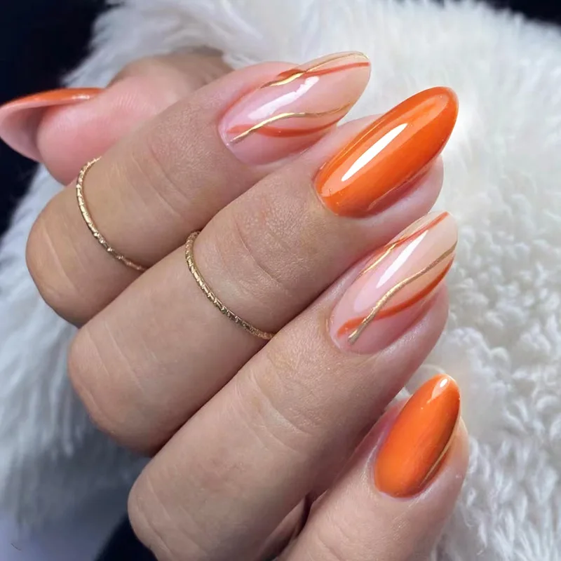 

24pcs Crystal Orange Press-On Nails - Gold Vein Water Ripple Long Almond Shape (Multi Sizes) False Nail For Women Girl