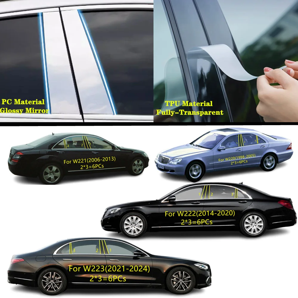 Für Mercedes Benz S-Klasse W220 W221 W222 W223 1998-2024 Auto TPU/Glänzend Spiegel Säule post Abdeckung Tür Trim Fenster Molding Aufkleber
