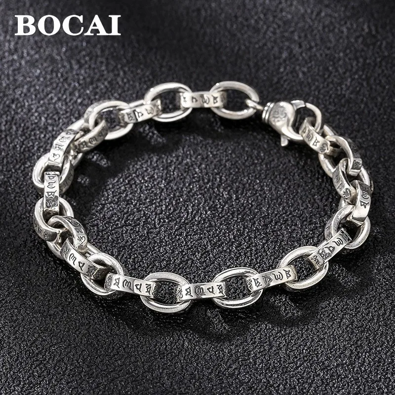 BOCAI New S925 Pure Silver Jewelry Shiny Face Six-character Mantra Personalized Ring Buckle Stylish Thai Silver Men's Bracele