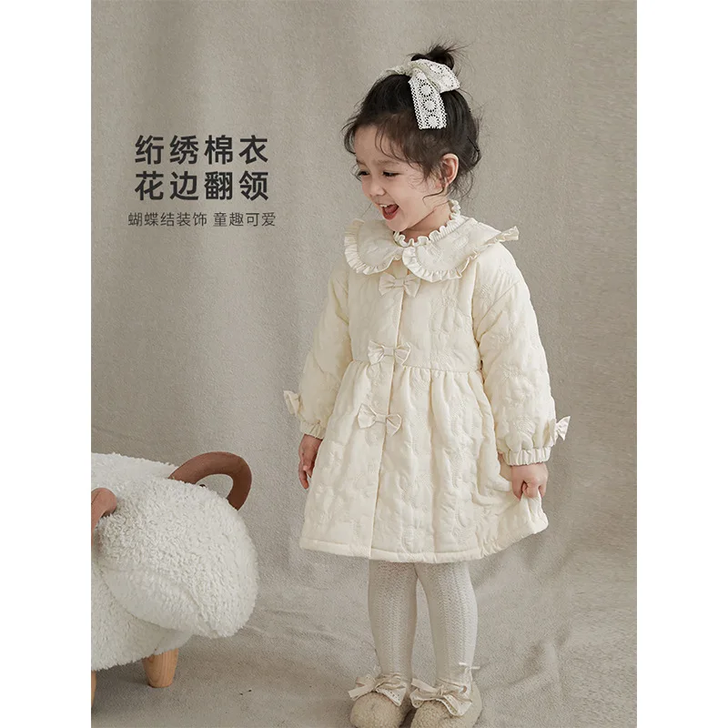 Girls' Lace Lapel Embroidered Cotton Jacket 2023 New Autumn Winter Children's Bow Warm Coat