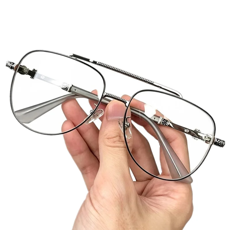 Unisex Vintage Double Bridge Oversized Pilot Eyeglasses Frame Carved Metal Temple Retro Polygon Prescription Optical Glasses