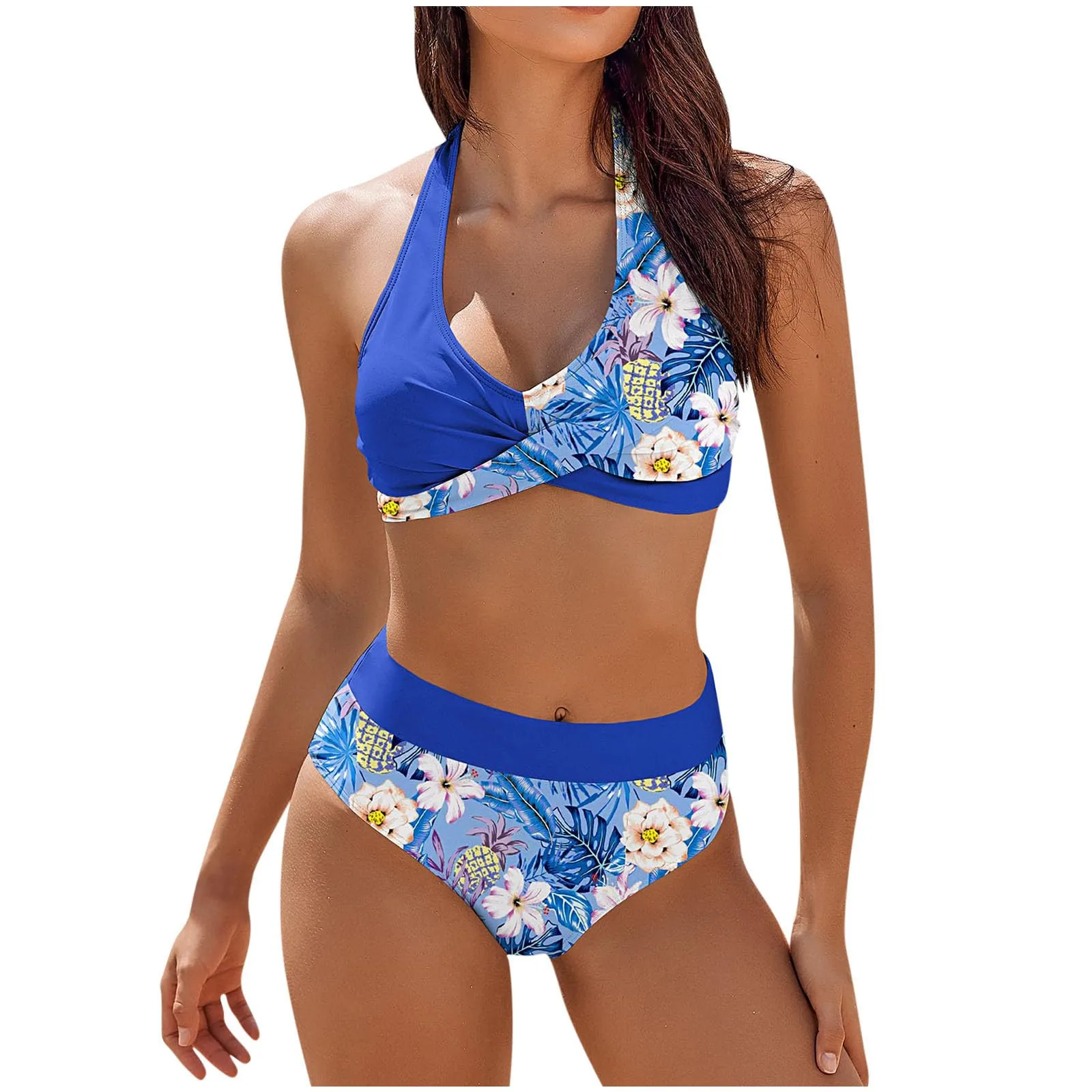 Women\'s Fashion High Waist Bikini Set Two Piece Colour Block Floral Printed Bust Cross Bikini Swimsuit