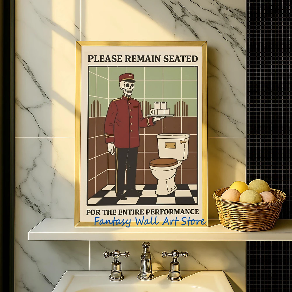 Funny Bathroom Poster Skeleton Wall Art Please Remain Seated Vintage Toilet Humor Poster Canvas Painting Wall Picture Home Decor