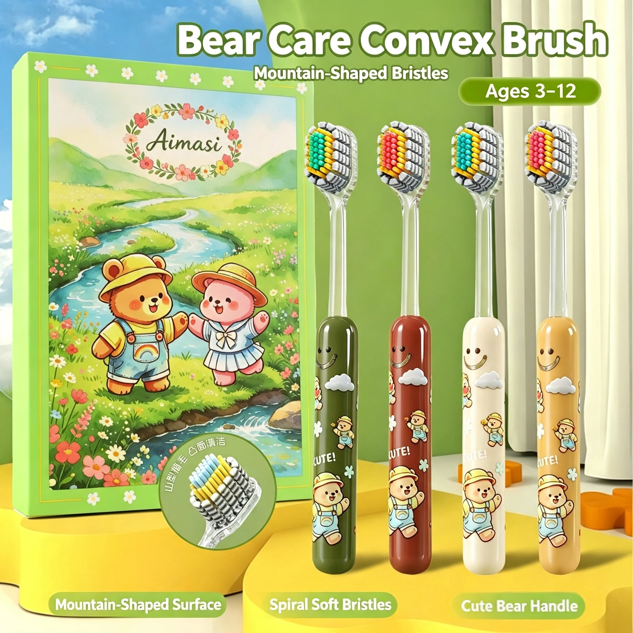 4-Pack Kidsren's Toothbrushes with Small Brush Heads, Convex Mountain-Shaped Bristles for Deep Cleaning, Cartoon Cute Gift Box Packaging Set