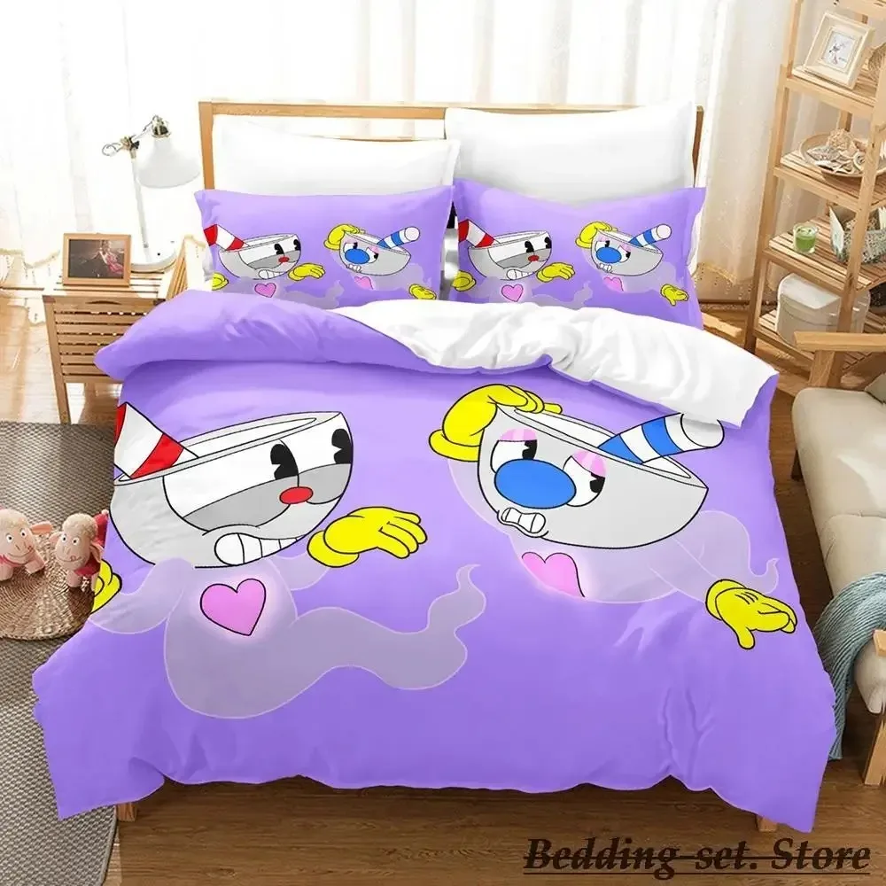 

2023 Game Cuphead Mugman Bedding Set Cartoon Anime three-piece set Adult Kid Bedroom Duvetcover Sets 3D Kawaii cama de casal