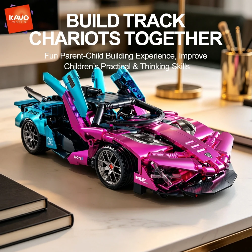 KAVOWORLD 1:18 Scale Electroplated Supercar Mirco Building Blocks Toy High-Tech Gradient Sports Car Blocks Set Exotic Hypercar Vehicle Model Scissor Doors STEM Construction Toy DIY Assembly Desktop Display Collectible Halloween Christmas Birthday Gift