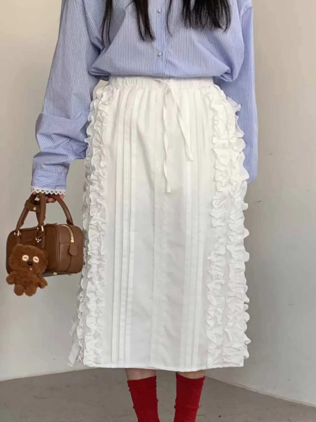 Falda Midi Versátil con Borde de ano de Ma, Estilo Coreano, Csa a Rayas Hoada, Estilo Informal, Falda en Línea A p...