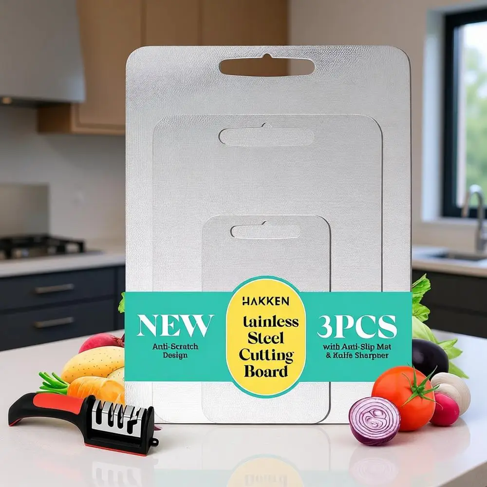 

Набор из 3 разделочных досок из нержавеющей стали — гигиеничные, устойчивые к царапинам, с противоскользящим ковриком и защитой для лезвий ножей, легко моются, сталь 304.