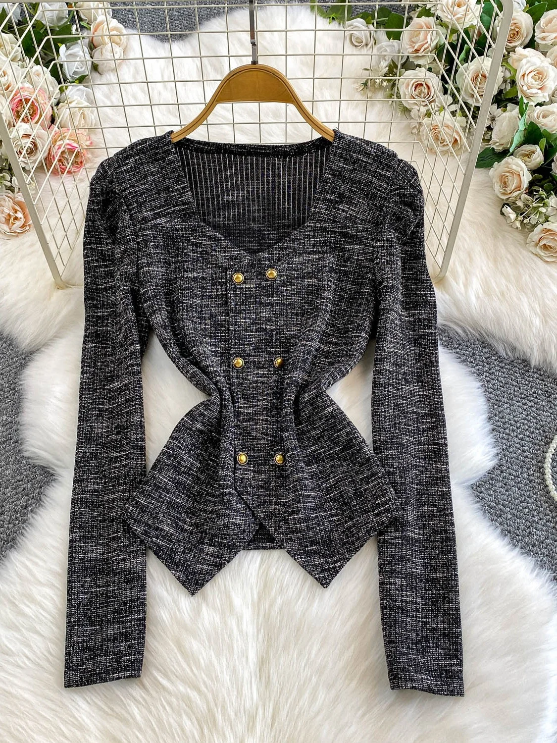 

Корейская облегающая трикотажная футболка, женская осенне-зимняя модная утягивающая футболка с квадратным воротником и двойной пуговицей