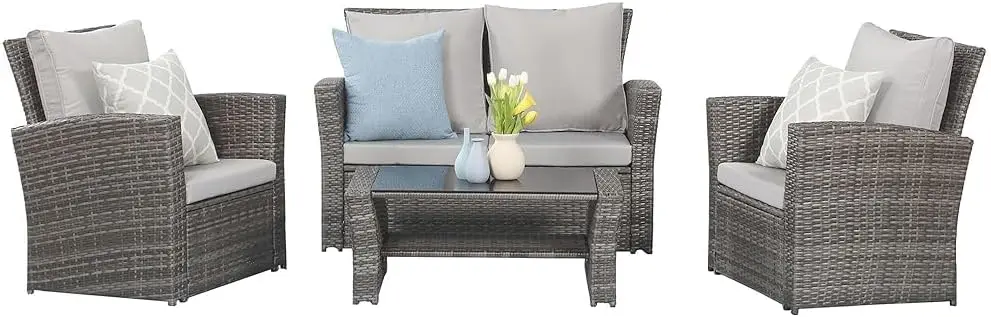 4 Piece Outdoor Patio Furniture Sets, Wicker Conversation Set for Porch Deck, Gray Rattan Sofa Chair with Cushion