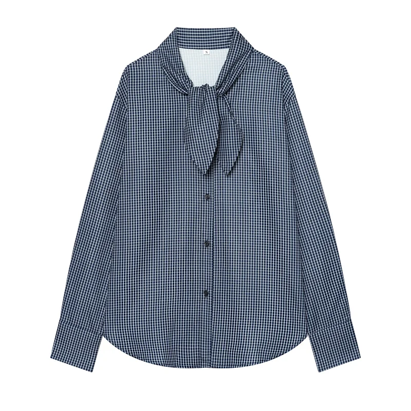 Guobioziy 2026 Women's Shirt Fall/Winter New Blue Plaid Long Sleeve Loose Bow Tie Decoration Relaxed and Lazy Personality