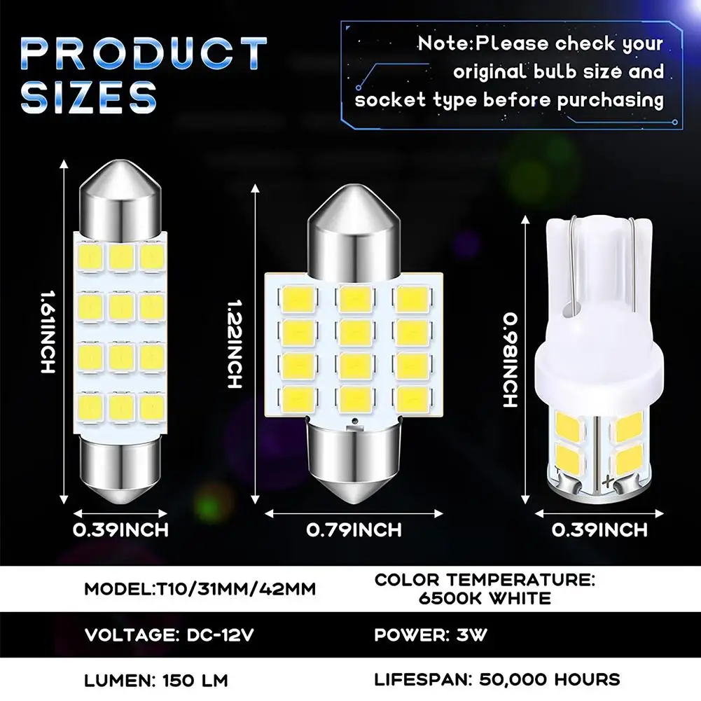 Juego de combinación de luces Led T10, 24 piezas CC, 12V, 6500K, 150LM, lámpara de lectura interior, luz para matrícula