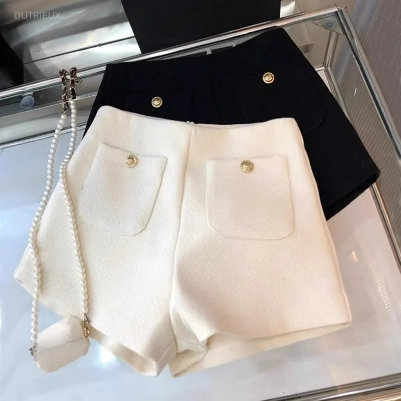 Tweed Shorts Mujer Solid Autumn Winter High Waist Elegant Women Pants Korean Fashion Simple Bascis Pantalones Cortos