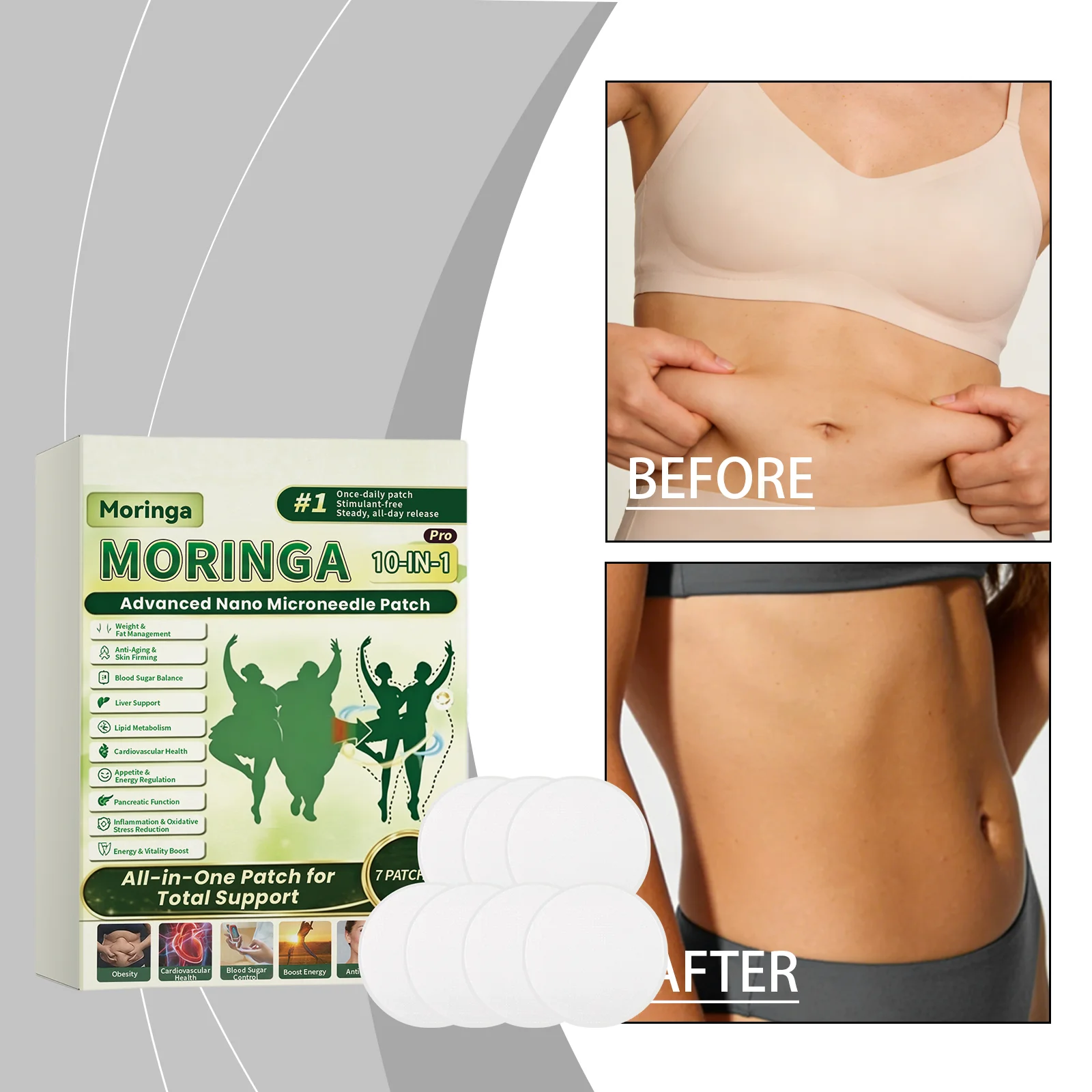 7Pcs Moringa Pro 10-in-1 Advanced Nano Microneedle Patch Weight Management Anti Aging Skin Firming Lipid Metabolism Sticker
