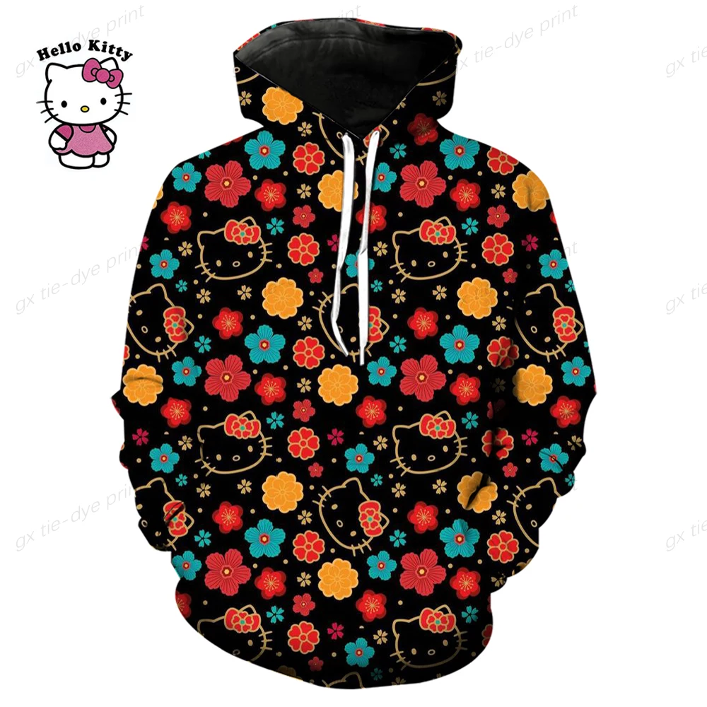 Spring and Autumn Hello Kitty Cartoon 3D Cute Hello Kitty Autumn/Winter Women's Printed Sweater Fashion Casual Hooded Sweater