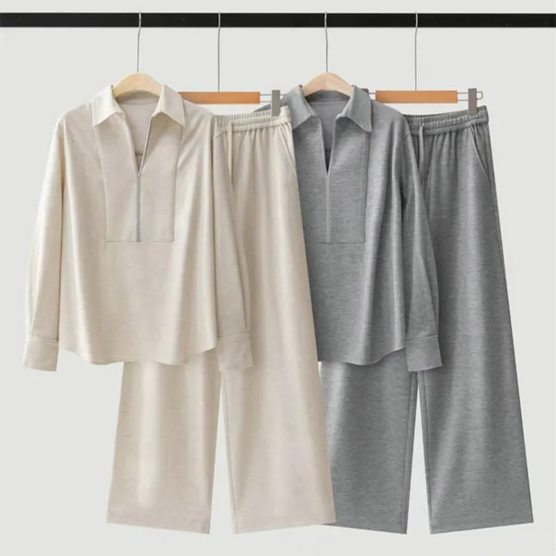 Women's 2026 Autumn Winter Wool Blended Long Sleeve Top with Wide Leg Pants Casual Set