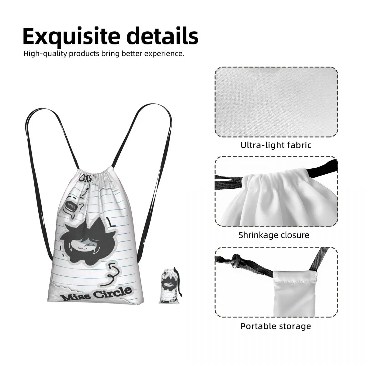 Miss Circle Cartoon Drawstring Backpack hiking cycling Bag Lightweight Foldable Storage Drawstring Bag for Men Women