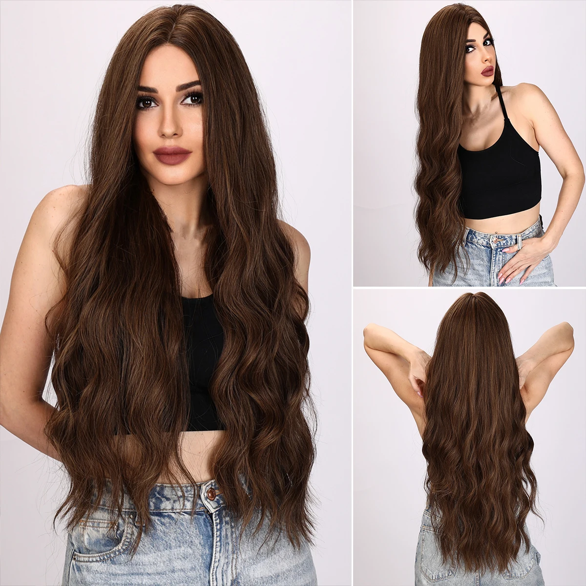 32 Inch Long Wavy Brown Middle Part Curly Wigs For Women Synthetic Fiber Natural Curly Hair Wig Lolita Reisitant Daily Wig