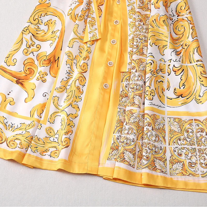 خمر طباعة المرأة فستان أنيق موضة جديدة واحدة الصدر بدوره إلى أسفل تي شيرت بياقة حزام تنورة طويلة الصيف الملابس النسائية #6