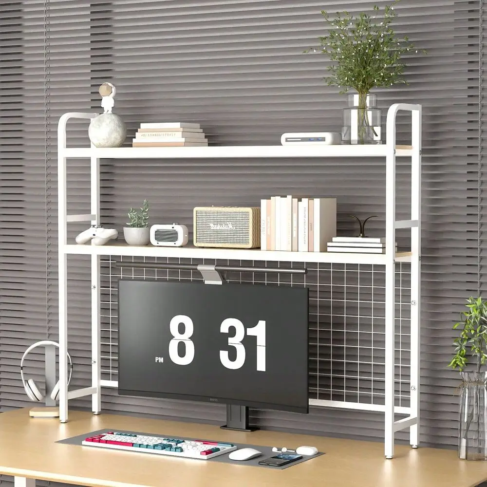 

Bookshelf For Desk,2Tier Desktop Bookshelf Metal Desktop Bookshelf Organizer,Desk Book Organizer With 3 Hooks DIY Storage Mesh,