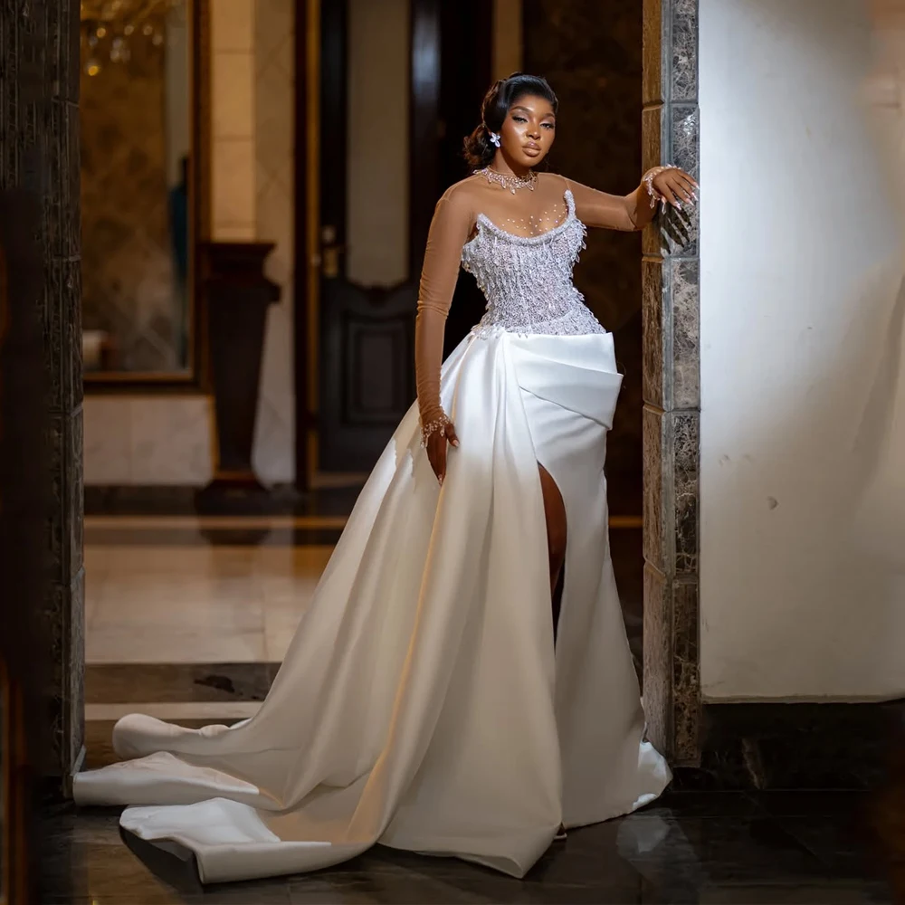 

Exquisite Wedding Gowns Long Sleeve O-Neck Beaded Mermaid Satin Sexy Bride Gowns Side Split Vestidos De Novia Customized