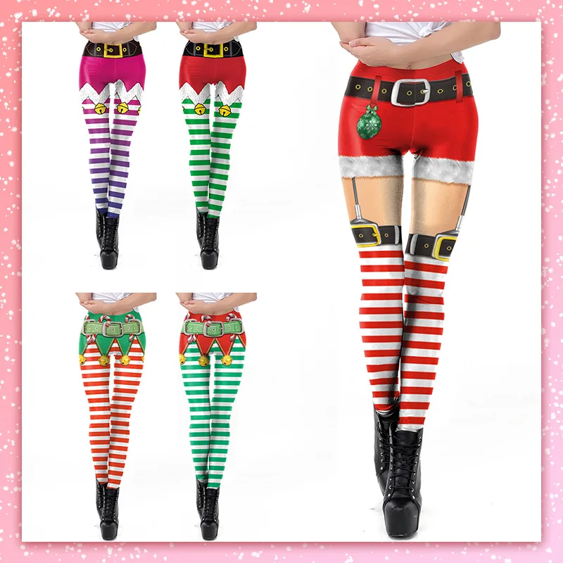 Christmas Theme Striped Graphic Print High Waist Stretch Leggings Novelty Belt Decor Pattern Slim Fit Yoga Pants for Women