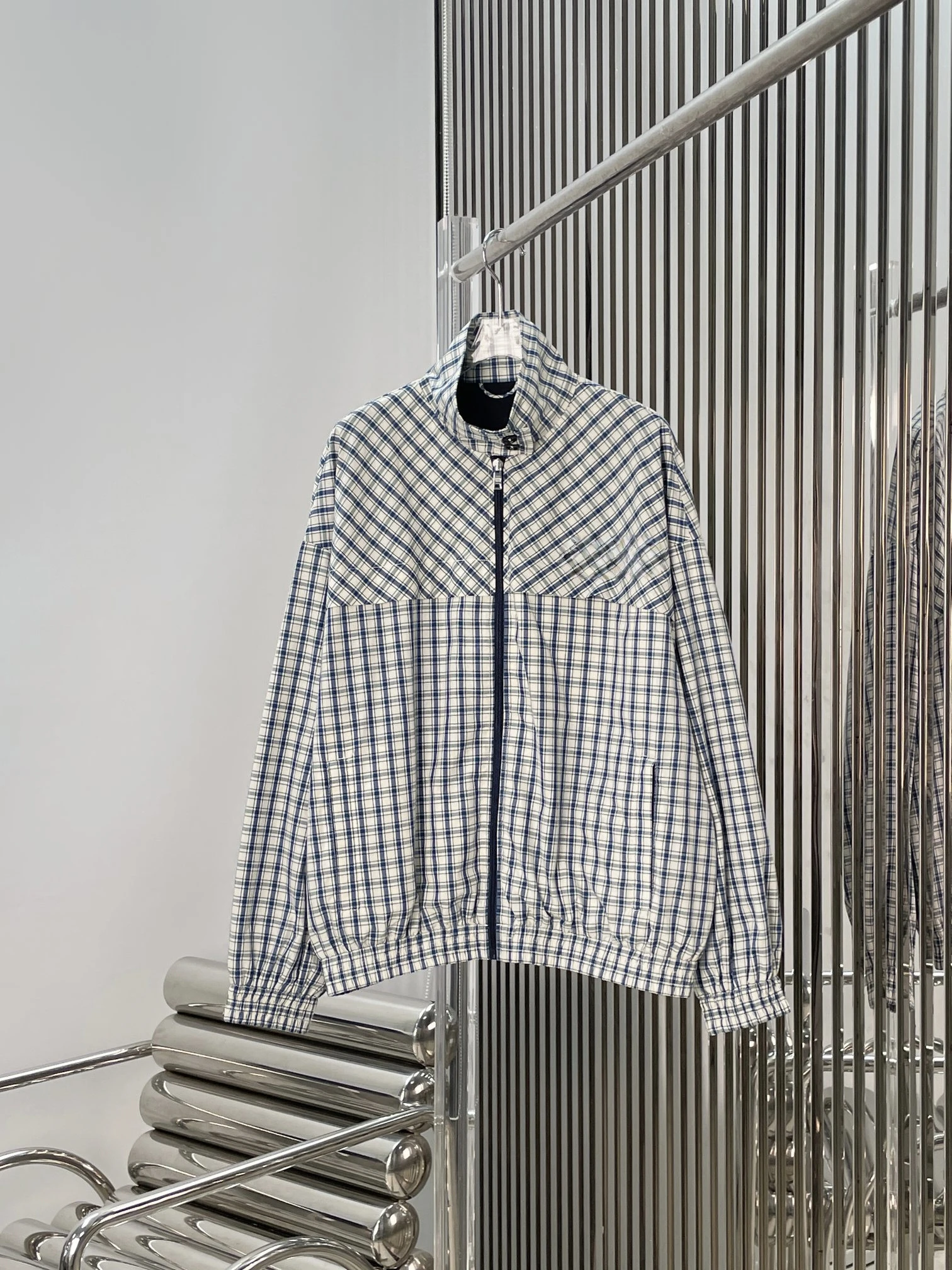 

Blue Plaid Casual Outerwear Women's Loose Fashion Top Embroidered Collar Vintage Style Cotton Long Sleeve Zipper Closure