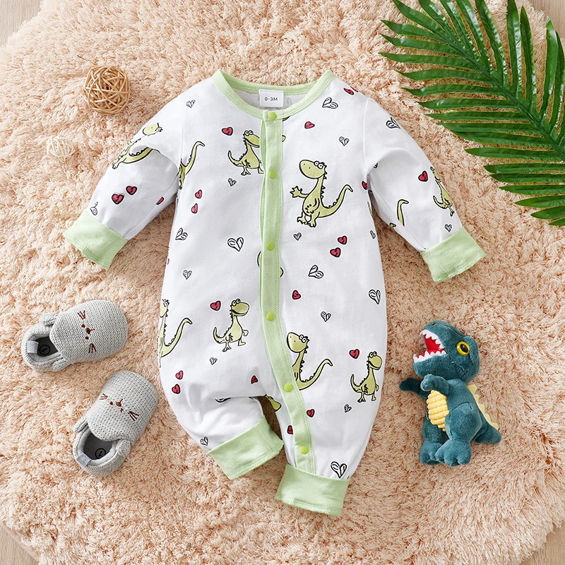 

Spring and fall cotton long-sleeved baby clothing green Cartoon dinosaur print 0-18 months baby one-piece newborn romper