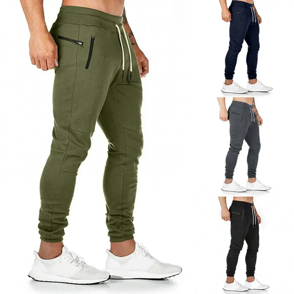 Men Trousers Pockets Casual Men Pants Tights Zip Gym Trousers Autumn Winter Drawstring Gym Fitness Pants Sportswear Men Trousers