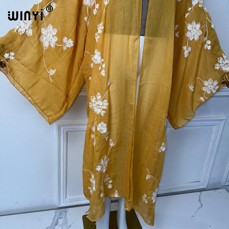 2022 autunno WINYI Dress ricamo Beach Wear costume da bagno Cover up boho Cardigan camicia da notte elegante sexy Holiday manica lunga Kimono