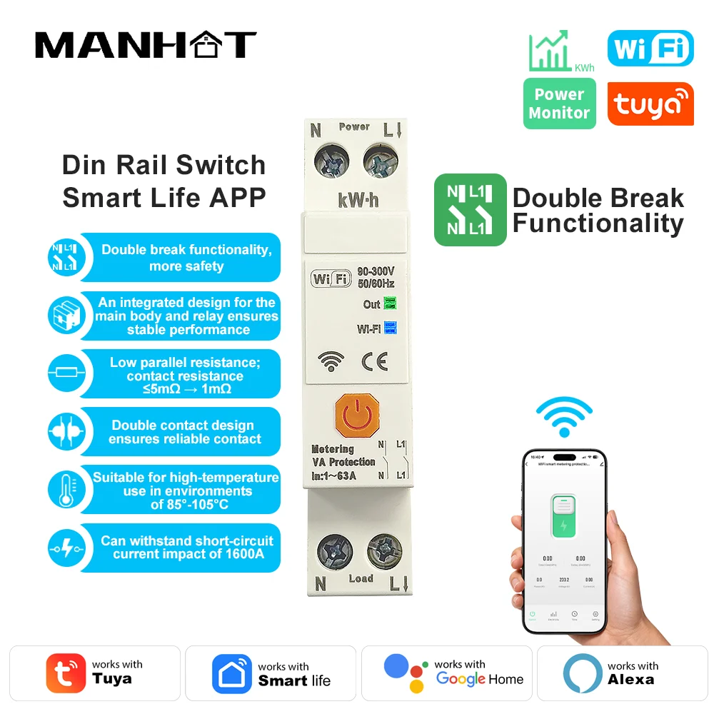 

Умный Wi-Fi автоматический выключатель Tuya с измерением энергии (кВт·ч), 1-63А, дистанционное управление Smart Life, таймер, защита от перенапряжения и перегрузки по току