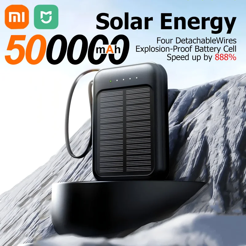 Xiaomi 50000mAh بنك الطاقة الشمسية فائق السعة كابلات مدمجة شاحن بالطاقة الشمسية 2 منافذ USB شاحن خارجي Powerbank مع ضوء LED