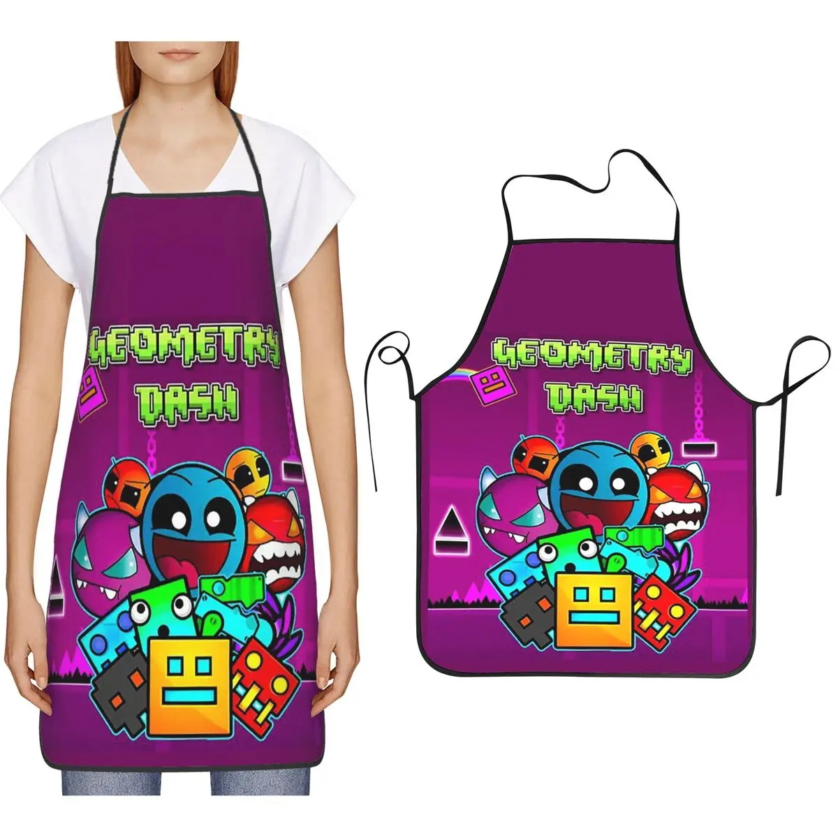 Video Game Geometry Dash Schürze, Kochschürze, Backschürze, Tablier, Lätzchen, Küchenreinigungsschürze für Damen und Herren, Gartenschürze