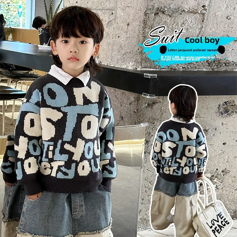 

Стильный вязаный свитер для мальчиков с буквенным принтом, базовый слой, осенне-зимняя модная детская одежда из смесового хлопка, длинный рукав