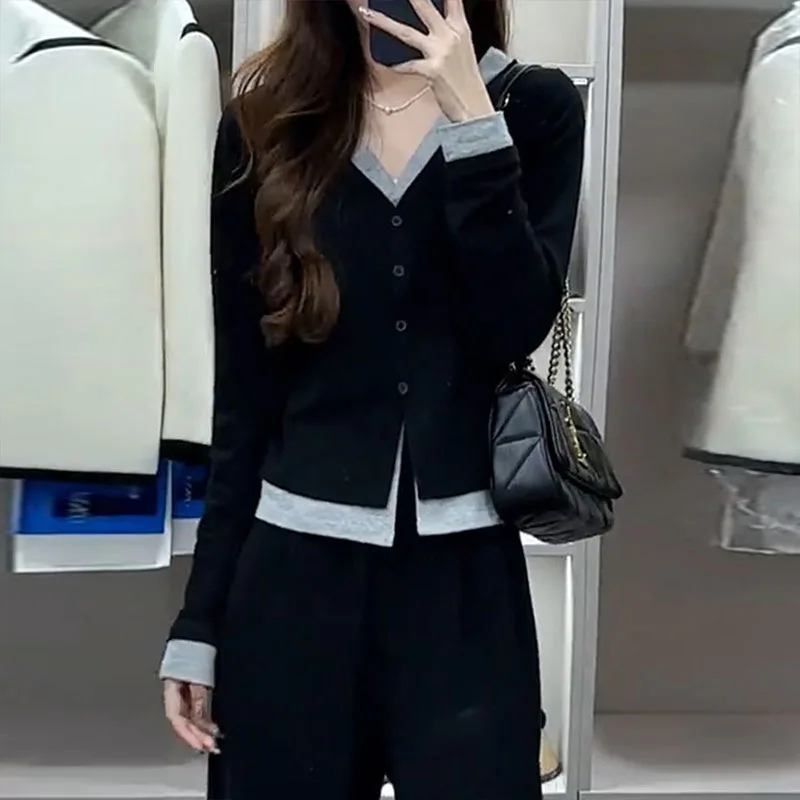 

Кардиган, футболки, женская рубашка, искусственные топы из двух предметов, однобортный, с v-образным вырезом, повседневные базовые свободные пуговицы, лоскутное шитье, осень