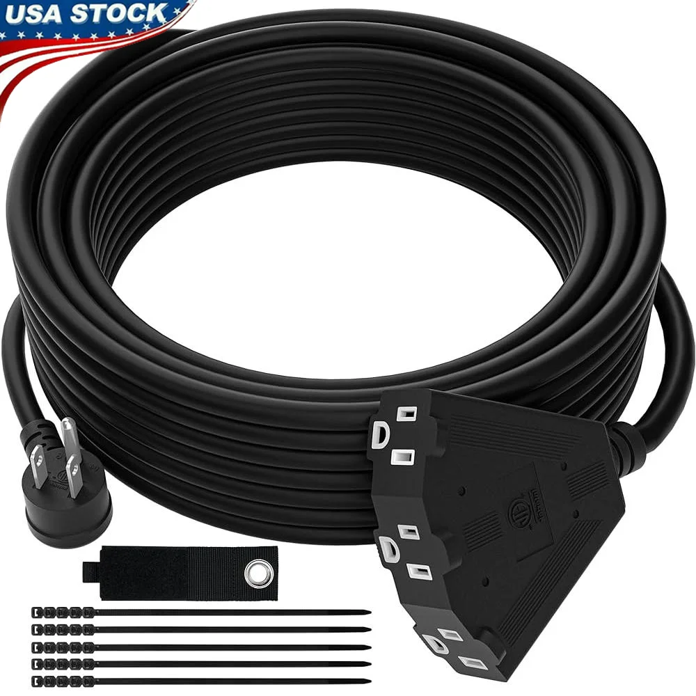 Heavy Duty Outdoor Extension Cord 50FT 14AWG 15A 3 Prong Plug 3 Outlet Power Cable NEMA 5-15P ETL Listed Garden Use