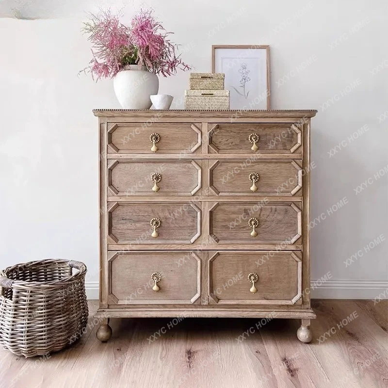 

Ретро-шкаф из массива дерева с восемью ящиками, старинный резной боковой шкаф для хранения вещей в гостиной виллы