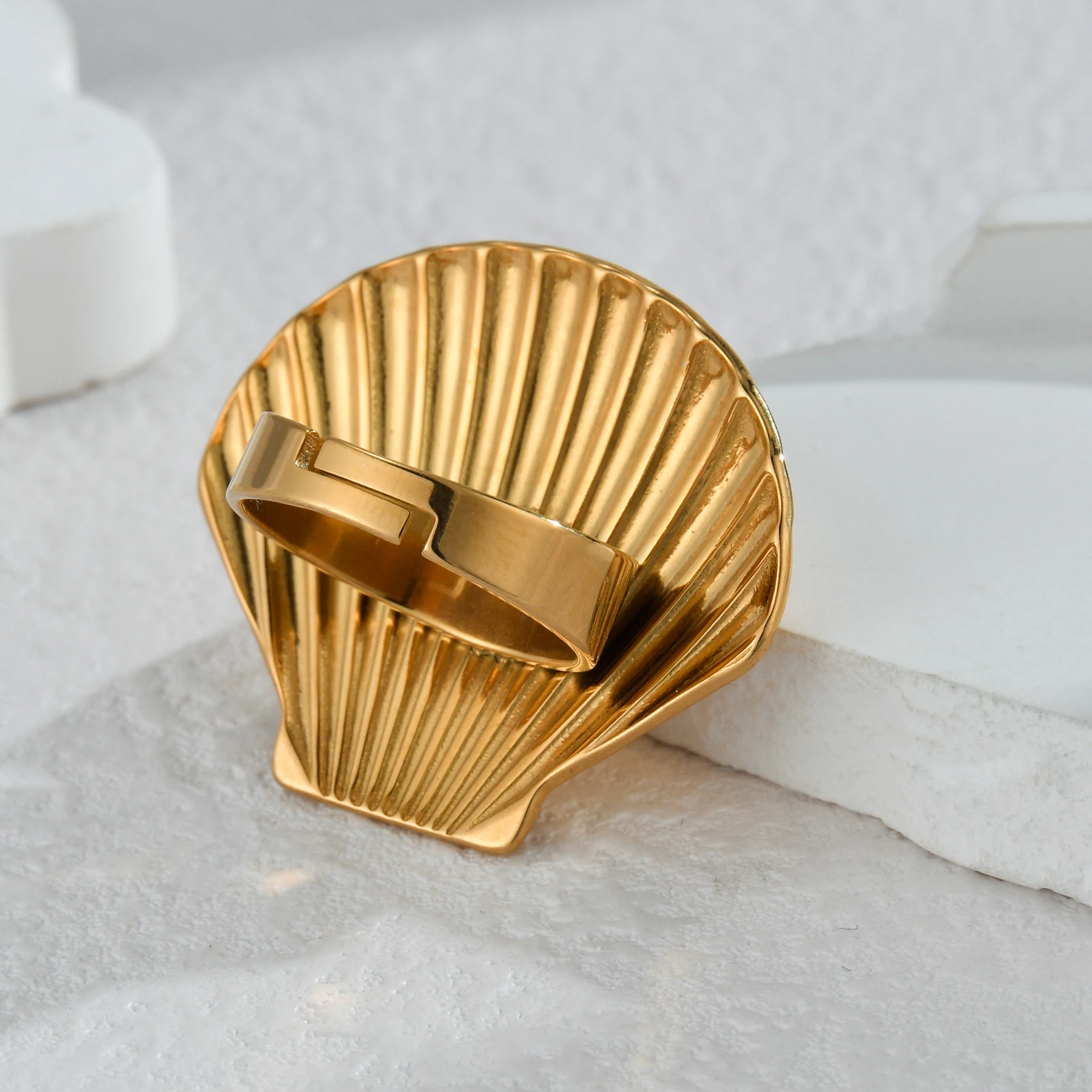 Freeteeme Ocean Element Ring for Women Men Stainless Steel Gold Color Starfish Shell Open Rings Sea Series Jewelry Couple Gift