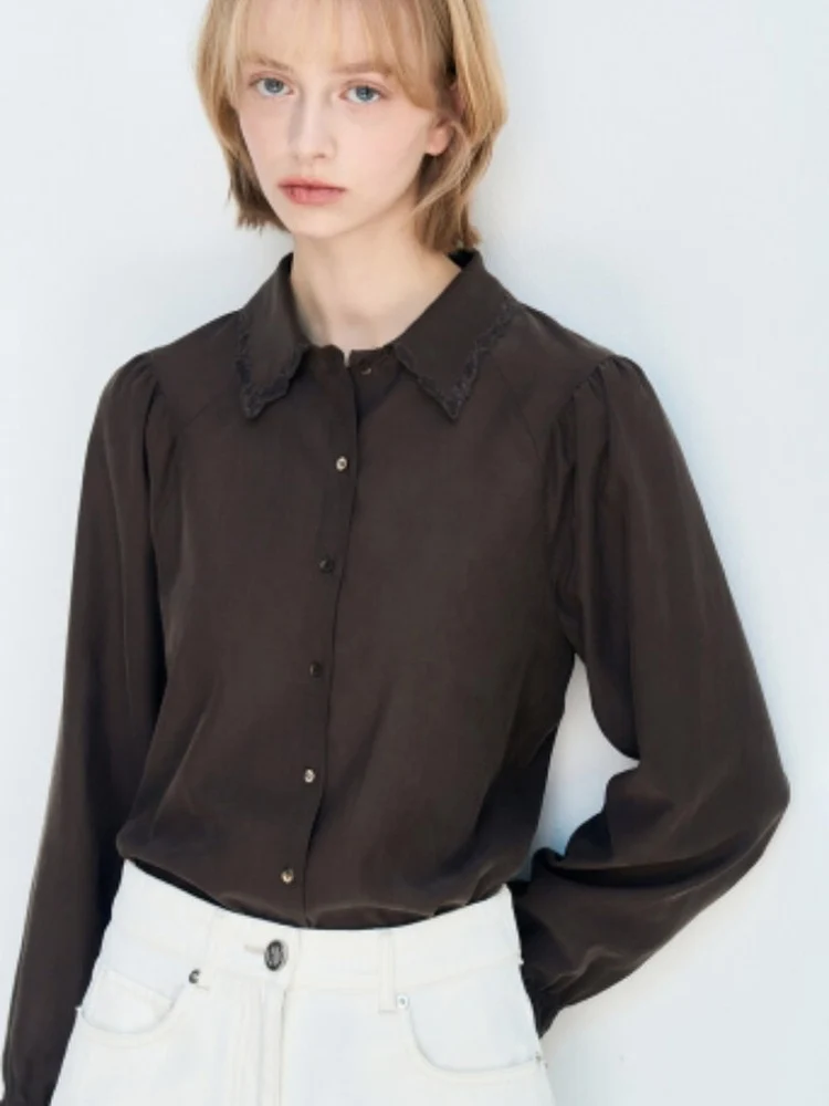 

Summer New Fashion Korean Style Casual Smooth Embroidered Collar Long Sleeve Cotton Shirt Women's Loose Fit Breathable Shirt